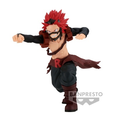 Figura colecionável de personagem com cabelo vermelho espetado e roupa preta em postura de ataque