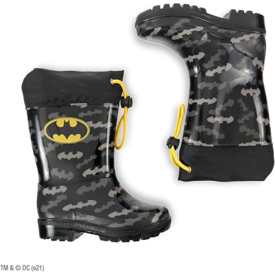 Botas de borracha infantis camufladas cinza e preto com símbolo do Batman e detalhes amarelos