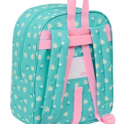 Mochila infantil azul turquesa com margaridas e alças rosas