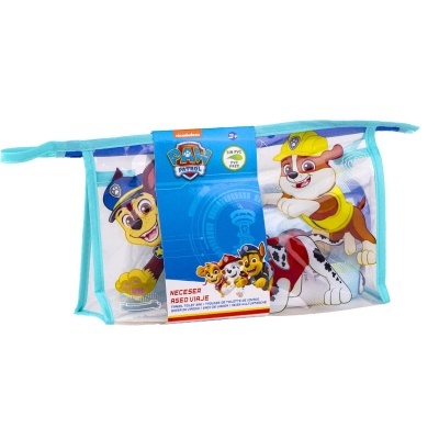 Necessaire transparente azul com personagens Paw Patrol e selo azul com texto.