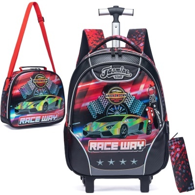 Mochila de rodinhas, lancheira e estojo com desenho de carro de corrida colorido em fundo branco