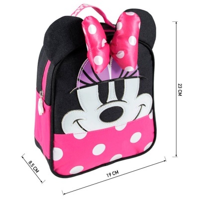 Mochila infantil preta e rosa com figura de personagem e orelhas tridimensionais