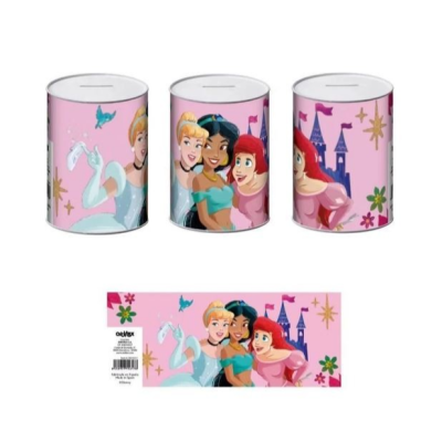 Cofre metálico redondo rosa com princesas Disney e castelo azul