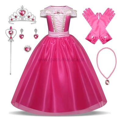 Vestido de princesa rosa e acessórios brilhantes para criança