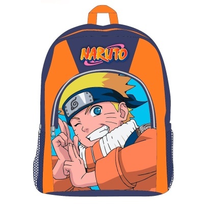 Mochila laranja e azul com imagem do personagem Naruto e texto Naruto