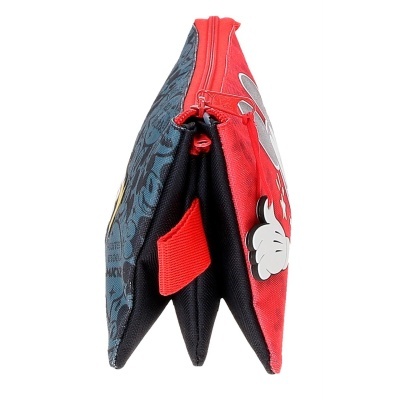 Carteira vermelha e azul escura com estampa, zíper e compartimentos internos