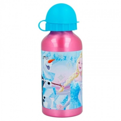 Garrafa de alumínio rosa com tampa azul e ilustração de personagens de Frozen