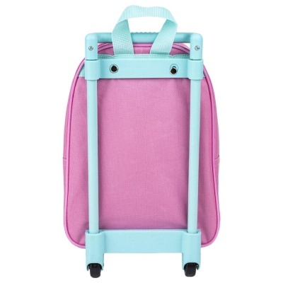 Mochila rosa com carrinho azul claro e rodas