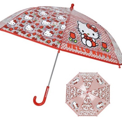 Guarda-chuva transparente com desenho Hello Kitty e texto HELLO KITTY