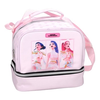 Bolsa rosa com imagem de três personagens femininas estilizadas