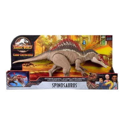 Figura de dinossauro Spinosaurus Jurassic World em caixa colorida