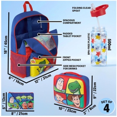 Conjunto mochila, lancheira, estojo e garrafa com estampas de personagens animados