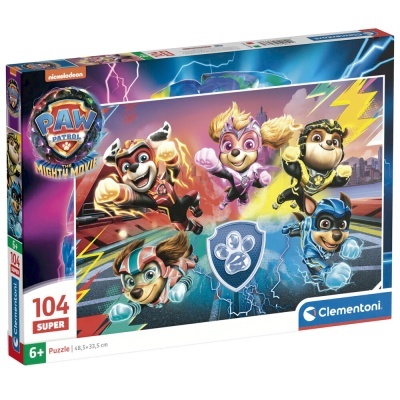 Caixa de puzzle Clementoni PAW Patrol com 104 peças, cores vibrantes e personagens animados.