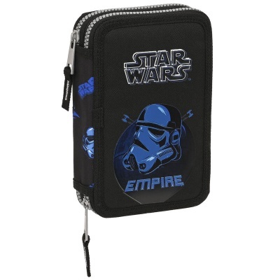 Estojo escolar preto com estampado azul e fecho prateado Star Wars