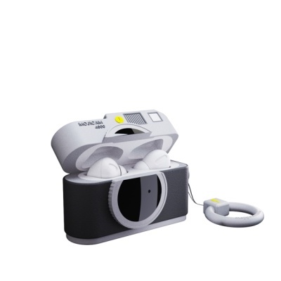 Estojo para auriculares em forma de máquina fotográfica retro com auriculares brancos