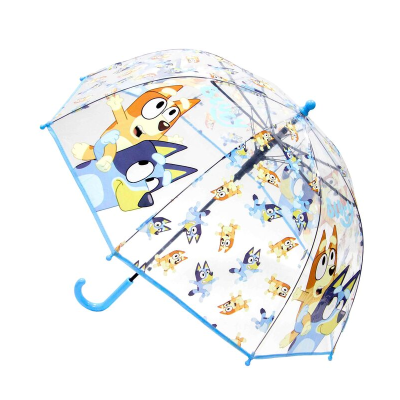Guarda-chuva transparente com desenhos dos personagens Bluey e Bingo em azul, laranja e amarelo