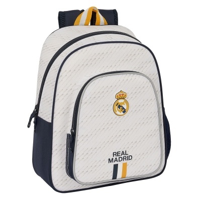 Mochila infantil branca e azul escuro com logótipo e texto REAL MADRID