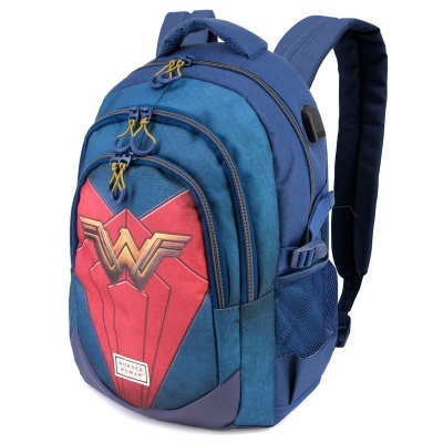 Mochila azul com símbolo da Mulher Maravilha vermelho e dourado
