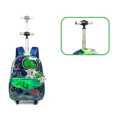 Mochila infantil azul e verde com estampa de dinossauro astronauta e carrinho com alça ajustável