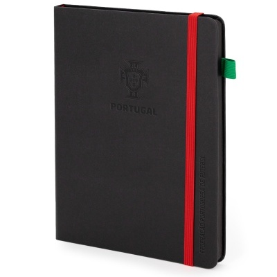 Caderno preto com ele1stico vermelho e brase3o Portugal