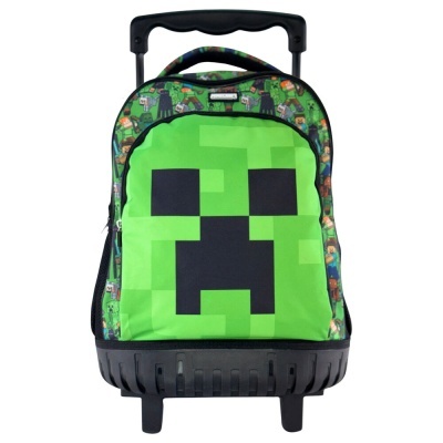 Mochila de rodinhas verde com estampa Minecraft e rosto do Creeper
