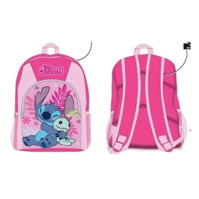 Mochila rosa com Stitch segurando coelho e alças acolchoadas