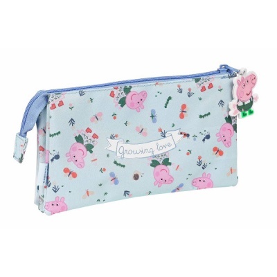 Estojo azul claro com padrão de personagens e texto 'Growing love'