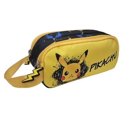 Estojo escolar amarelo com imagem do Pikachu e a palavra PIKACHU