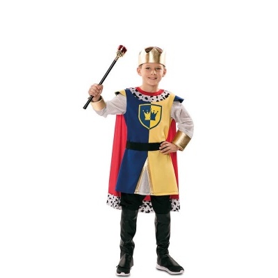 Fato de rei infantil com túnica azul amarela, capa vermelha, coroa dourada e cetro.