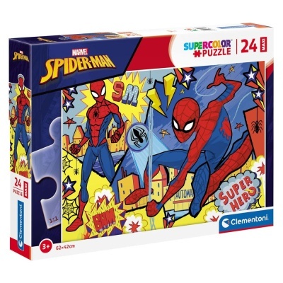 Caixa de puzzle Spider-Man de 24 peças com imagens de Homem-Aranha coloridas.