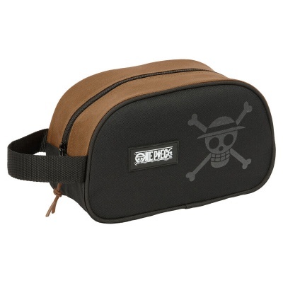 Bolsa retangular preta e castanha com caveira e texto One Piece