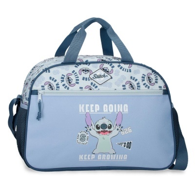 Mala azul clara com padrões do Stitch e texto motivacional