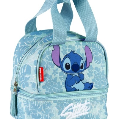 Mala térmica azul clara com personagem Stitch e padrão floral