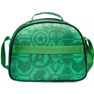 Mala verde com ícones dos Avengers