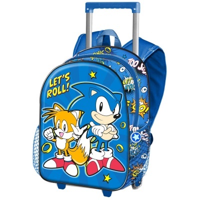 Mochila de rodas azul com personagens Sonic e Tails e texto LET'S ROLL!
