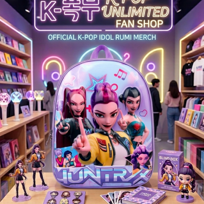 Mochila HUNTR X com personagens animados e merchandising em loja K-POP com letreiros neon