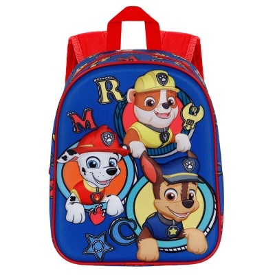 Mochila infantil azul com personagens da Patrulha Pata e alças vermelhas