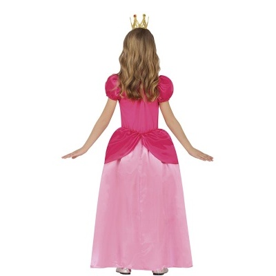 Criança de costas vestida com vestido longo de princesa rosa e coroa dourada