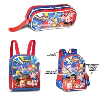 Conjunto infantil mochila, estojo e mochila com personagens coloridos e texto CORAGEM