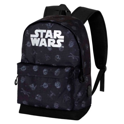 Mochila preta com padrão de Star Wars e logo branco grande