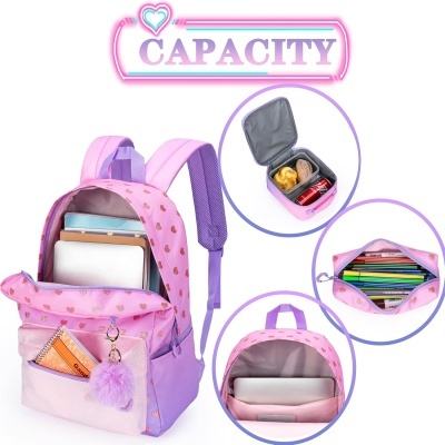 Mochila rosa e lilás com corações e várias divisões preenchidas com livros e artigos de papelaria