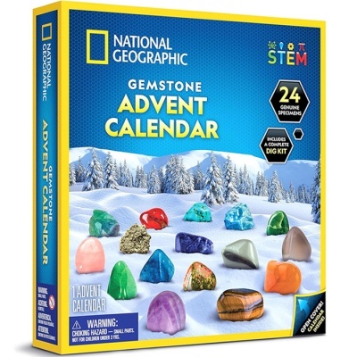 Caixa azul e amarela do Advent Calendar National Geographic com minerais coloridos e texto em inglês