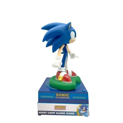 Figura do Sonic the Hedgehog azul sobre base e embalagem com texto