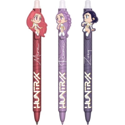 Três canetas coloridas com personagens animadas no topo, nome e logótipo HUNTRAX no corpo