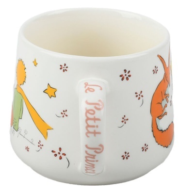Caneca cerâmica branca com desenhos do Pequeno Príncipe e texto Le Petit Prince