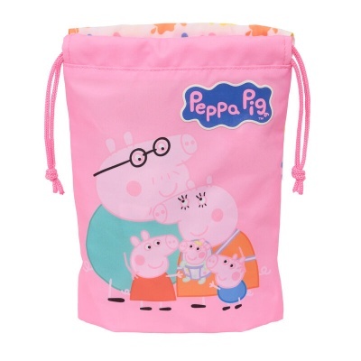 Saco rosa com personagens da Peppa Pig e cordões para fechar