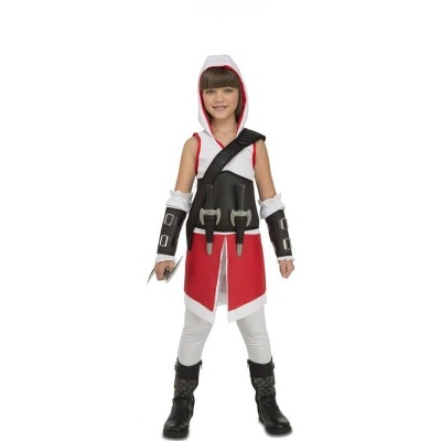 Fantasía infantil vermelha e branca com braceletes pretos e botas pretas
