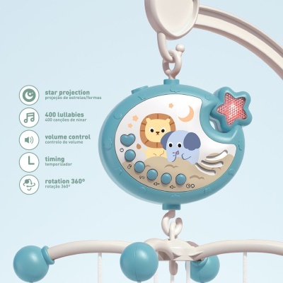 Móbile musical azul com projector de estrelas e ilustração de leão e elefante