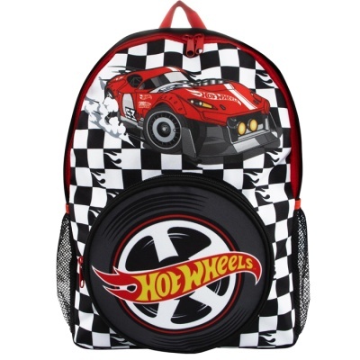 Mochila infantil Hot Wheels com padrão xadrez e carro de corrida vermelho