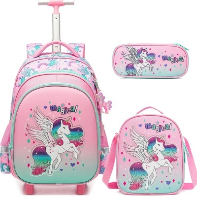Mochila, bolsa e estojo rosa com imagem de unicórnio colorido e palavra magical
